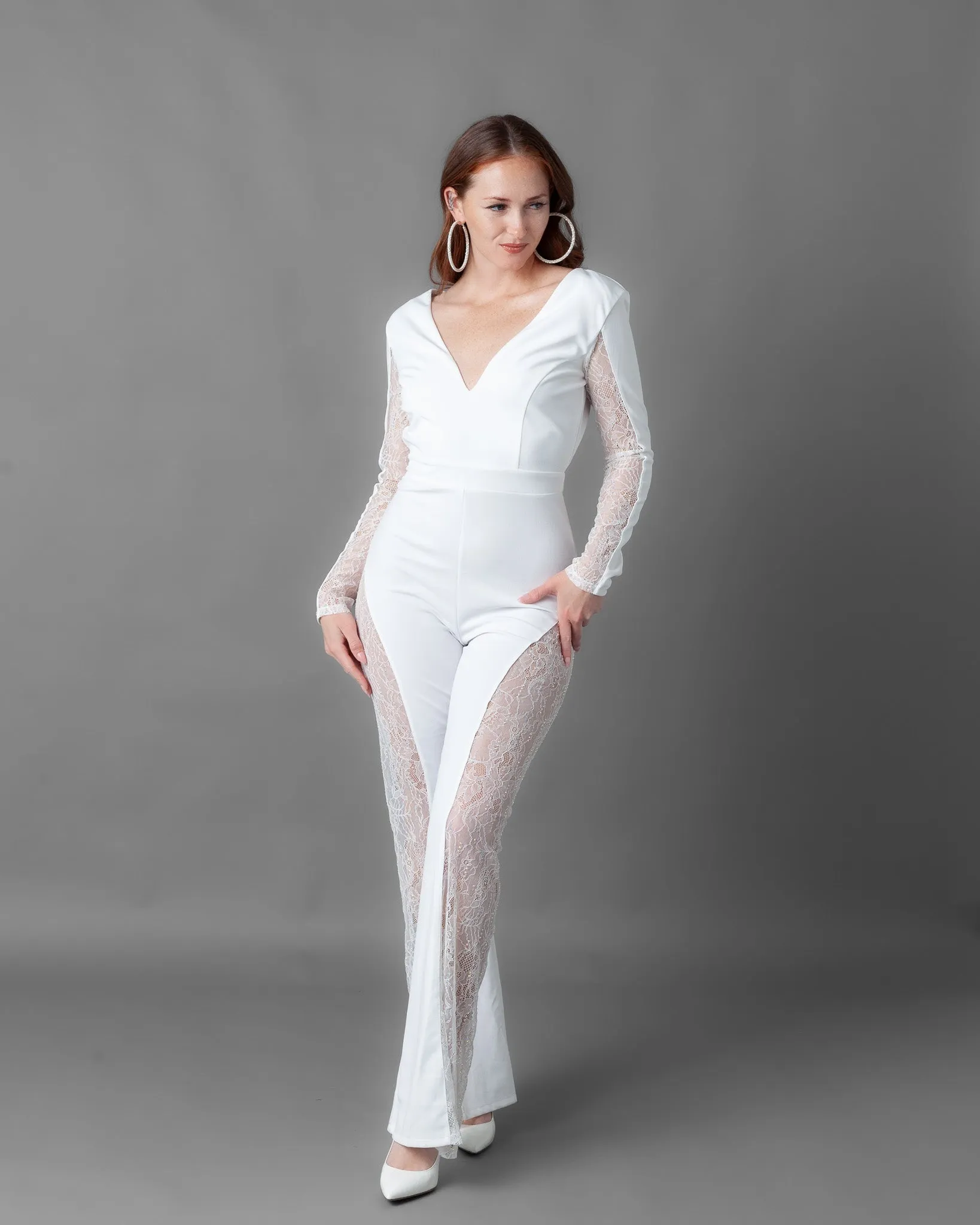Athens Long Sleeve Rhinestone Lace Wide Leg Jumpsuit