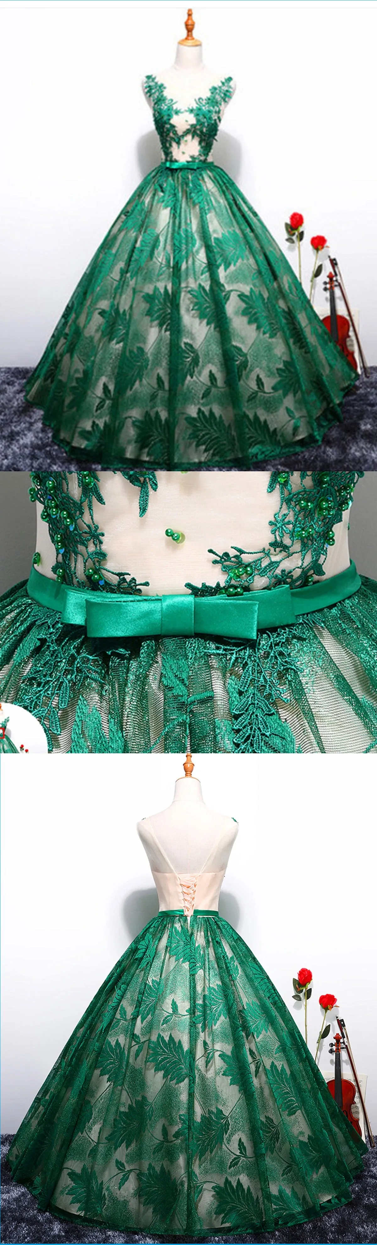 Ball Gown Prom Dresses Lace Floor-length Hunter Green Chic Long Prom Dress JKL1126
