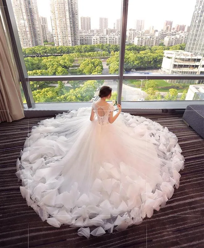Beautiful Wedding Dresses Ball Gown Floor-length Lace-up Tulle Lace Bridal Gown JKS262