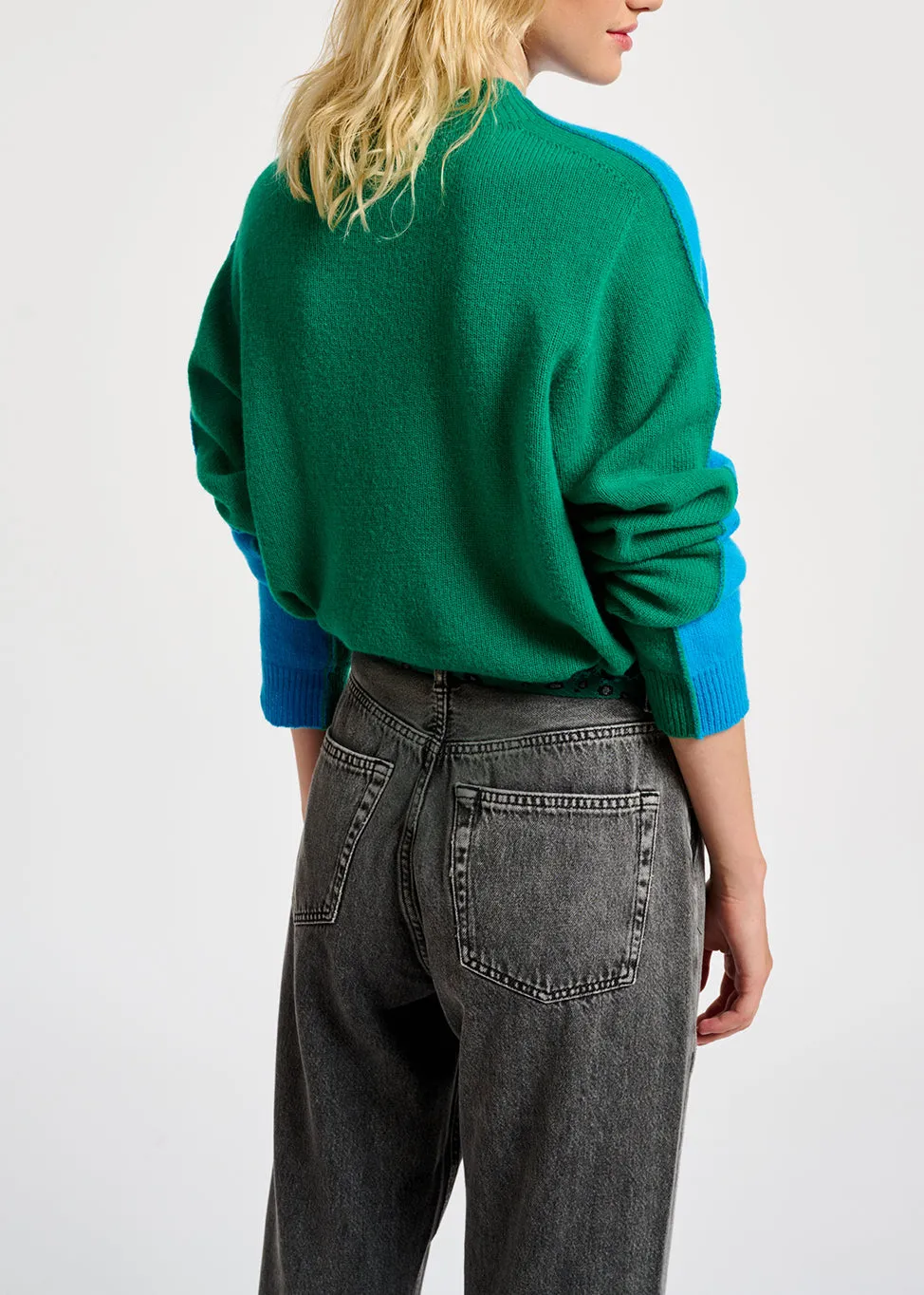 Blue and green merino-cashmere knit sweater