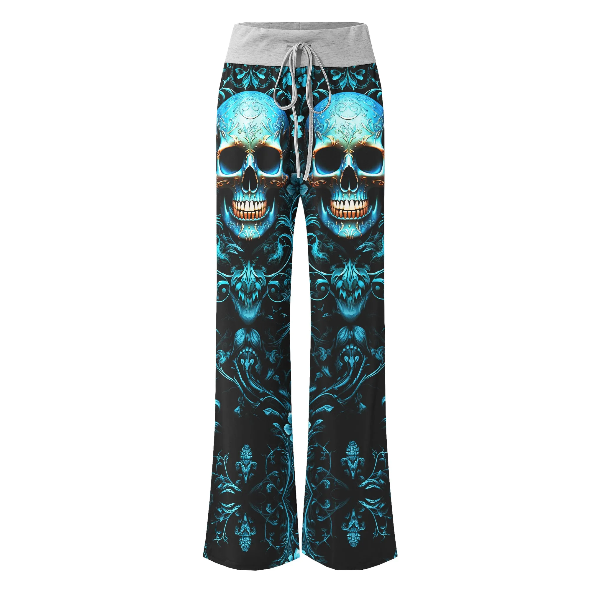 Cyan Skull Floral Gothic Women's High-waisted Wide Leg Pants