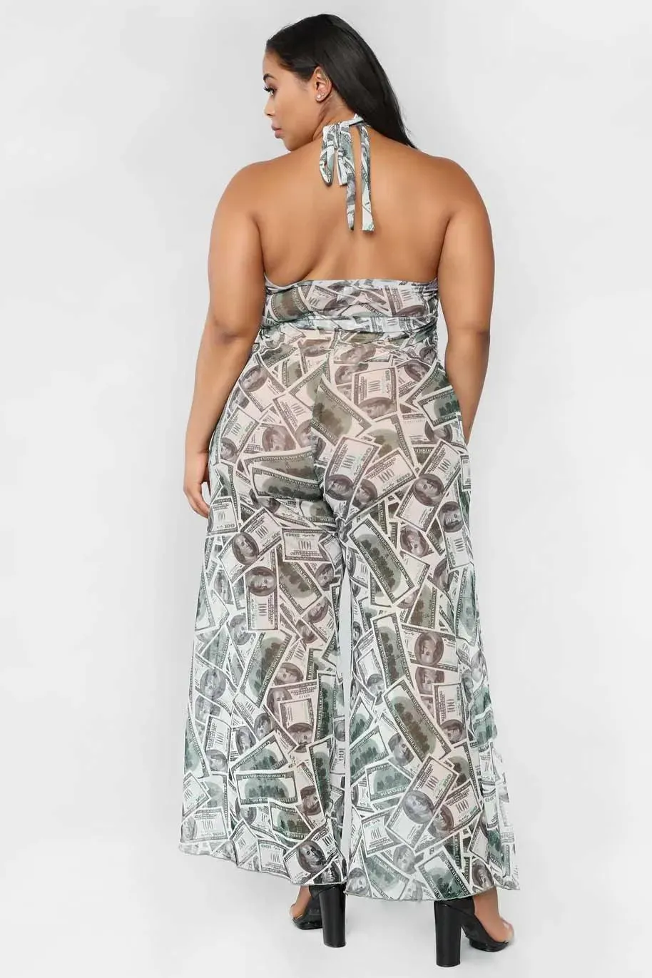 Green Money Dolla Signs Print V-Neck Sleeveless Wide Leg Sheer Jumpsuit Cover Up
