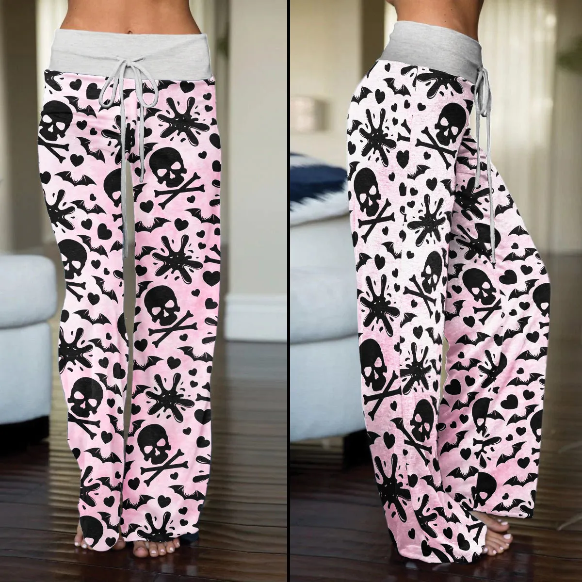 Pink Baby Skull Women's High-waisted Wide Leg Pants