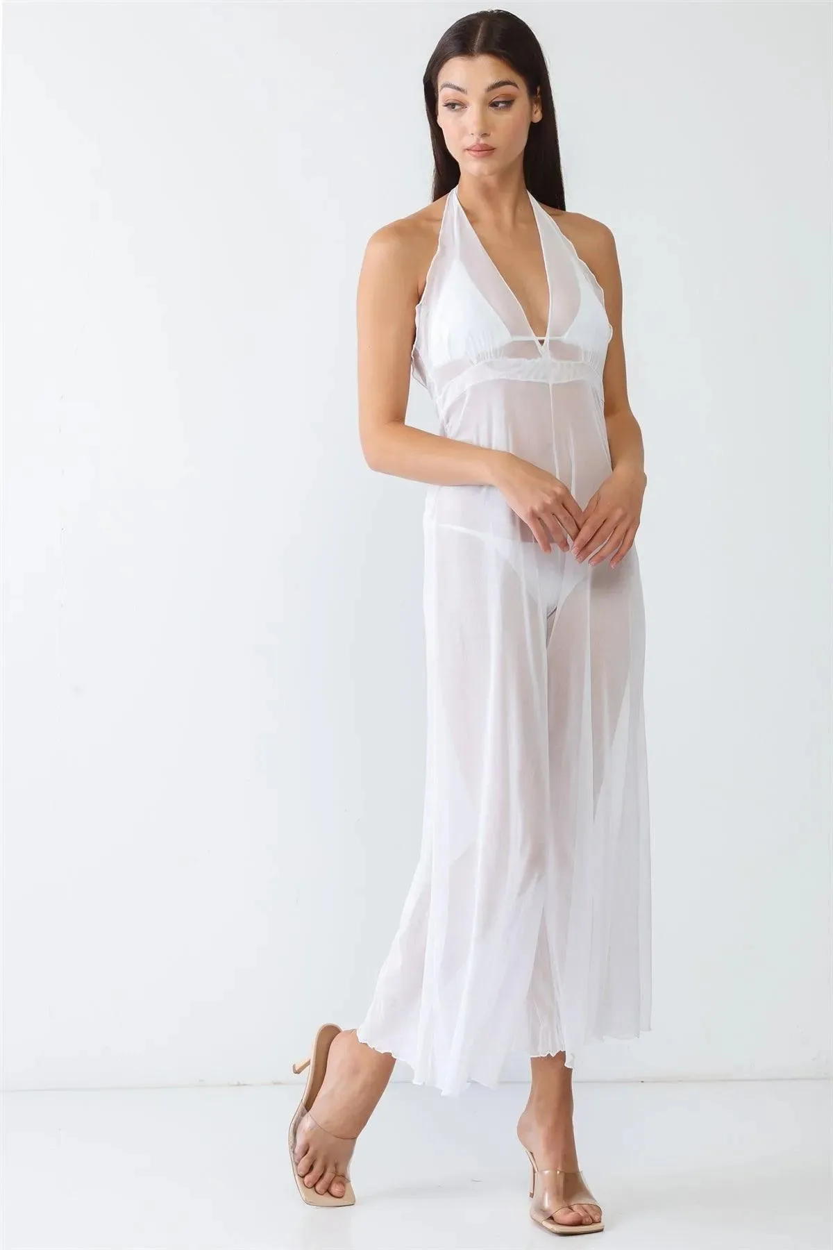 White V-Neck Sleeveless Wide Leg Sheer Jumpsuit Cover Up